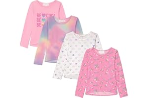 BTWEEN Girls Long Sleeve Fall Graphic Tops, School & Sports Tees, 4 Pack Multiple Pattern Tshirts