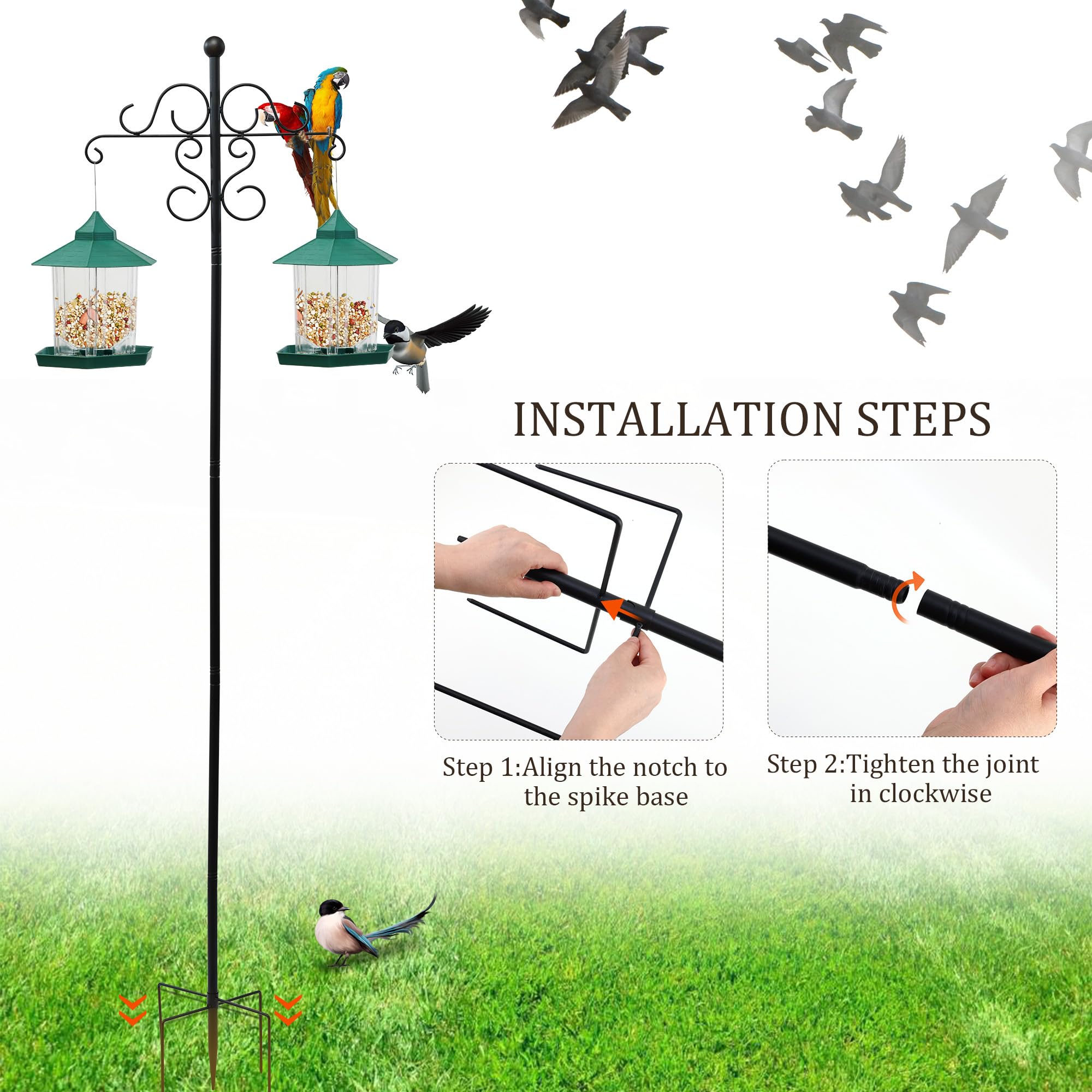 108 Inch 2 Pack Double Shepherds Hooks for Outdoor with 5 Prongs Base, Adjustable Heavy Duty Bird Feeder Poles, Garden Multi Hooks Hanger Stands for Hanging Bird Feeder, Plant Baskets, Solar Lanterns