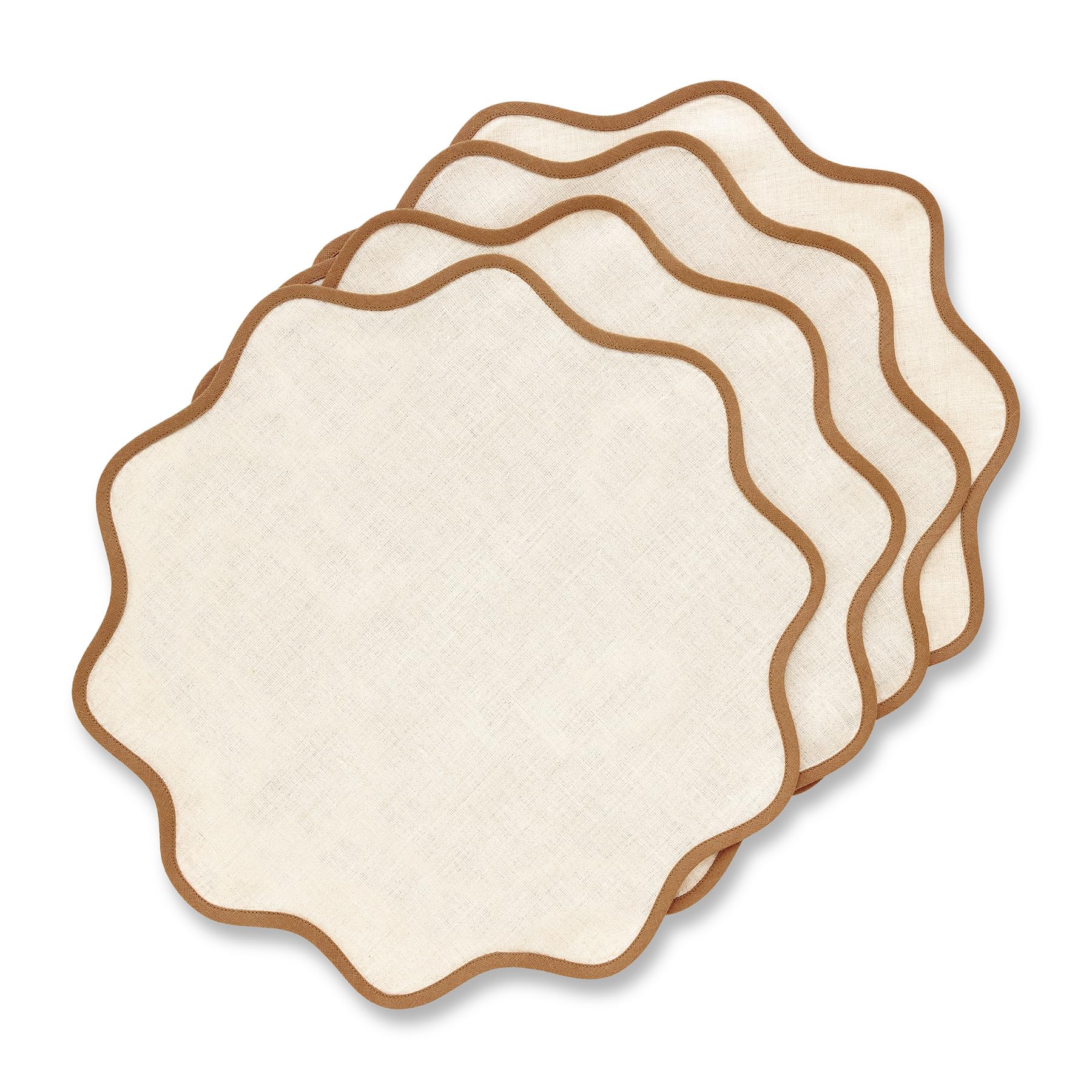 Photo 1 of Solino Home Scallop Linen Placemats Set of 4-100% Pure Linen Brown Sugar and Natural Round Cloth Placemats 16 Inch for Spring, Easter - Giselle Scallop Edge, Handcrafted and Machine Washable