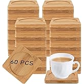 HOIGON 60 Pack 3.7 Inch Bamboo Coasters, Natural Wooden Coasters, Square Bamboo Tray Saucer Set for Drinks, Crafts, Succulents