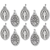 Caritas et Fides Bulk Pack of 10 - Miraculous Medal Pendant for Necklace -1" Oval Silver Oxidized Miraculous Medals Pendant for Necklace, Medals for Jewelry Catholic, Made in Italy