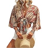 GORGLITTER Women's Boho Tie Front Crop Tops 3/4 Length Sleeve Paisley Blouse Shirt