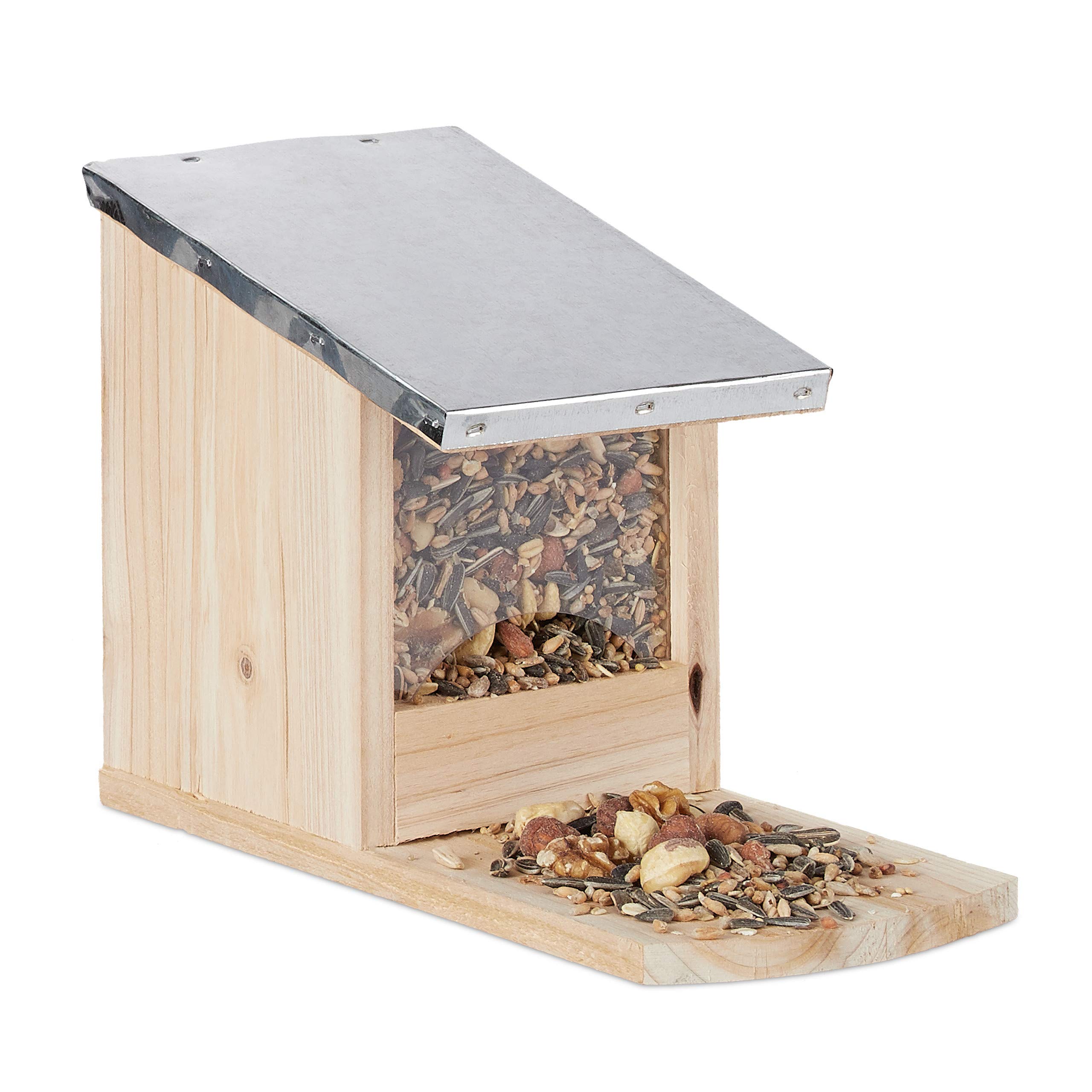 Relaxdays Squirrel Feeder, Wooden Feeding Station, Weatherproof Metal Roof, Standing, Squirrel Shack, Natural