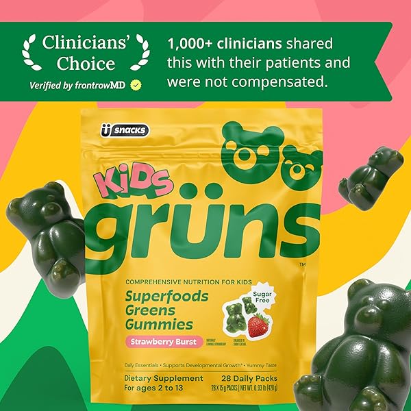 GRUNS MULTIVITAMIN FOR KIDS, SUGAR-FREE, SUPER GREENS SUPERFOOD GUMMY BEARS WITH 20 VITAMINS & MINERALS, ALFALFA, SPIRULINA, CHLORELLA, PREBIOTICS FIBER FOR DIGESTIVE HEALTH, ADAPTOGENS, 28 CT