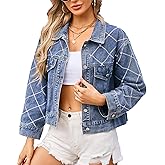 Wpeiusc Women's Pearl Denim Jacket Long Sleeve Button Down Jean Jacket Casual Diamond Denim Coat