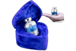 INTAJ Small Urns for Human Ashes Keepsake - Cremation Urns for for Men Women with Velvet Heart Case - Beautiful Brass Engraved Mini Urn Peaceful Dark Blue Decorative Urn