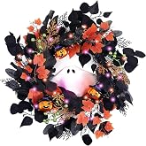 DecorbyHannah 20'' Halloween Wreath for Front Door with Lights Ghost Decor | Pre-Lit Voice Control Ghost Pumpkins Spooky Door Wreath with Timer Lighted Decorations for Home Porch Wall Indoor Party Table