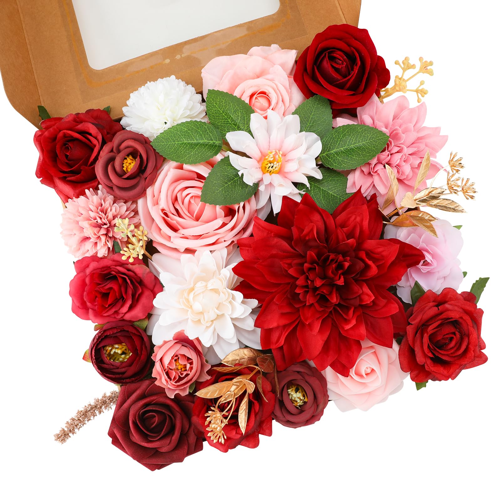 Photo 1 of Floweroyal Artificial Flowers Combo Red Flowers Mix Silk Flowers Dahlia Roses with Stems for DIY Wedding Bridal Bouquets, Baby Shower, Floral Arrangement, Table Centerpieces, Home Decorations.