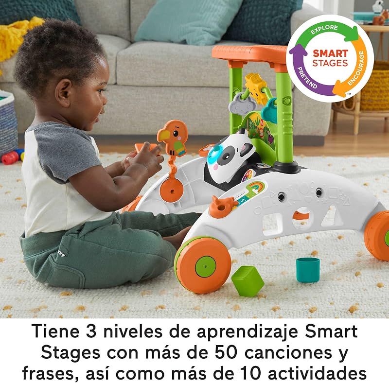 Fisher-price, andador panda 2 faces com atividades com luzes e sons, brinquedo para caminhar ou sentar com estampa de selva, presente para bebê acima de 6 meses (mattel hjy73)