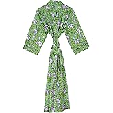Generic Cotton Hand Block Print Kimono Robes for Women, Long Length Floral Print Nightgown, Bikani cover- up cotton kimono (Cotton, Green Blue)