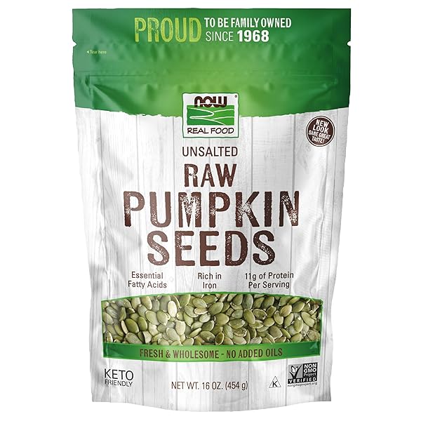 NOW FOODS, PUMPKIN SEEDS, RAW AND UNSALTED, ESSENTIAL FATTY ACIDS, RICH IN IRON, EXCELLENT SOURCE OF PROTEIN, CERTIFIED NON-GMO, 1-POUND (PACKAGING MAY VARY)