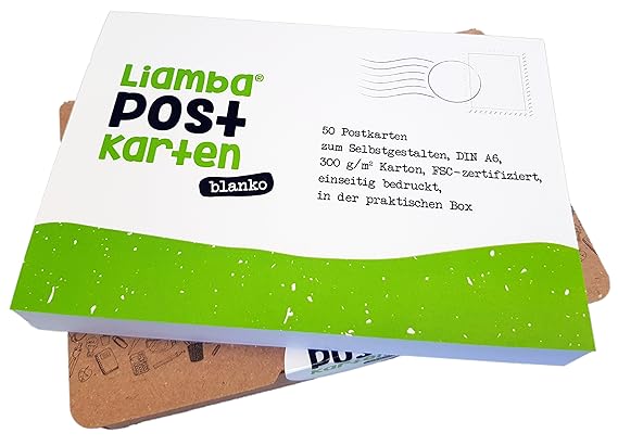 Liamba Postkarten Blanko | 50 Din A6 Postkarten weiß zum Selbstgestalten in der Praktischen Box aus Recyclingpapier | 300g/qm