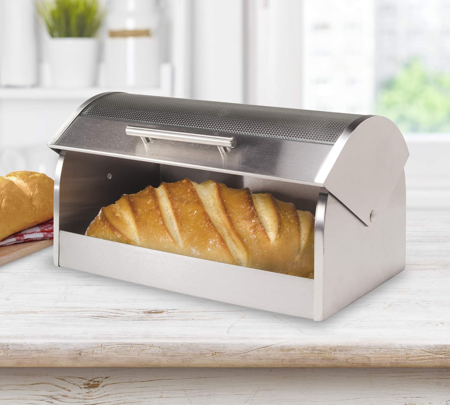 Oggi Stainless Steel Roll Top Bread Box with Tempered Glass Lid