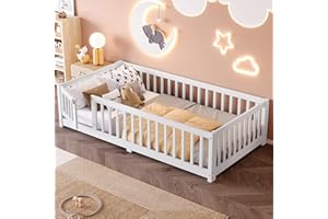 Bellemave Twin Size Kids Floor Bed with Door and Fence,Montessori Floor Bed with Slats and Safety Guardrails,Solid Wood Twin Bed Frame for Girls Boys,White