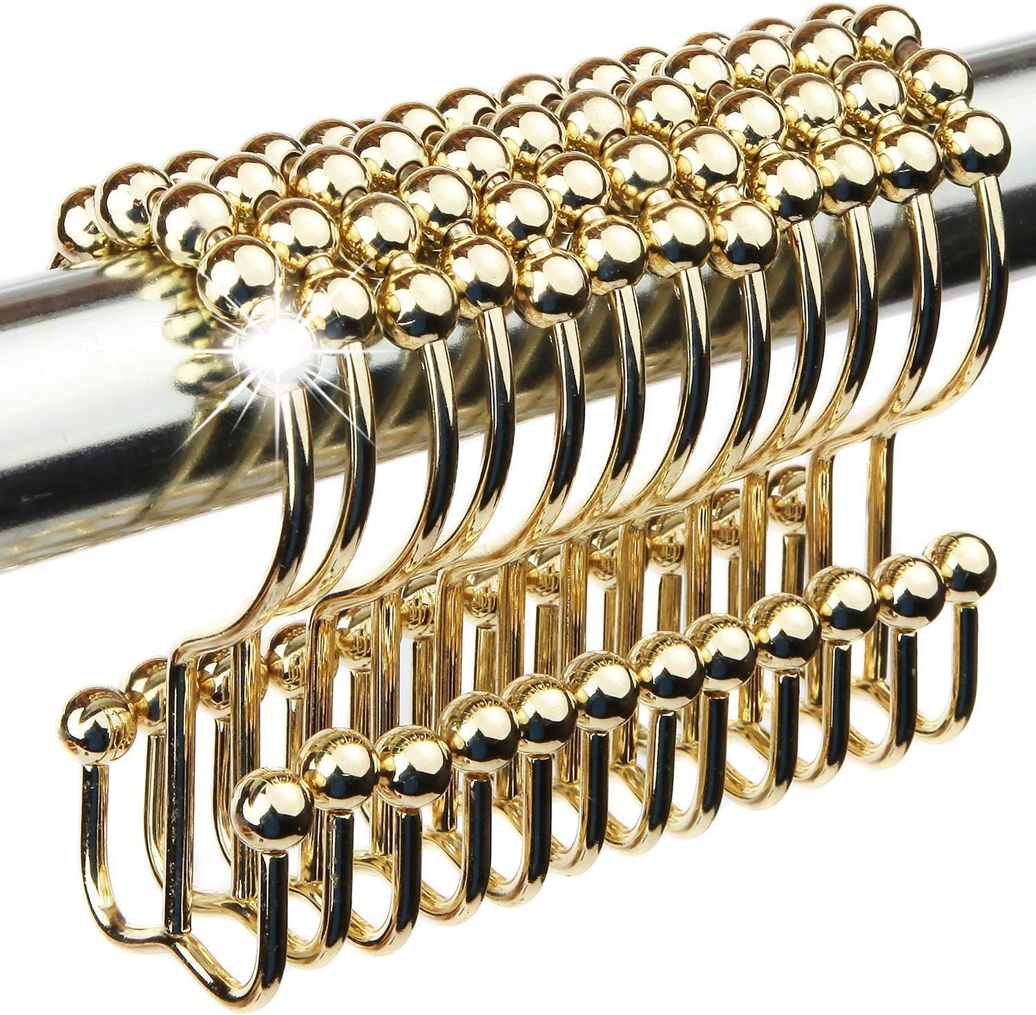 nikkouware Brass Shower Curtain Hooks, Hangs Both Shower Curtain and Liner Separately, No More Snagging and Pulling The Curtain with Easy Glide Heavy Duty Rollers, Gold Brass, Set of 12