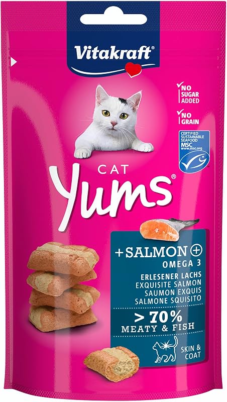 Cat Yums, Katzensnack, mit Lachs, extra fleischig, mit sichtbarer Füllung, unterstützen Haut und Fell, in Vorratsgröße, im wiederverschließbaren Beutel (9x 40g)