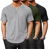 Evervibe 3 Pack Men's Big and Tall Ribbed Henley Shirts Short Sleeve Raglan Casual T-Shirts Classic Summer Button Placket Tee