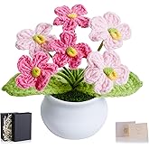 NUKAYAI Crochet Flowers Pink Handmade Knitted Potted Flower for Mom, Valentines Gifts for Women Teacher Coworkers Friend Galentines Day Gift, Cute Desk Home Room Office Plants Accessories Decor