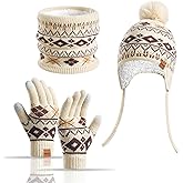 Kids Winter Hat Scarf Gloves Set with Earflaps: Warm Beanie Hat, Neck Warmer & Touchscreen Gloves for Boys and Girls