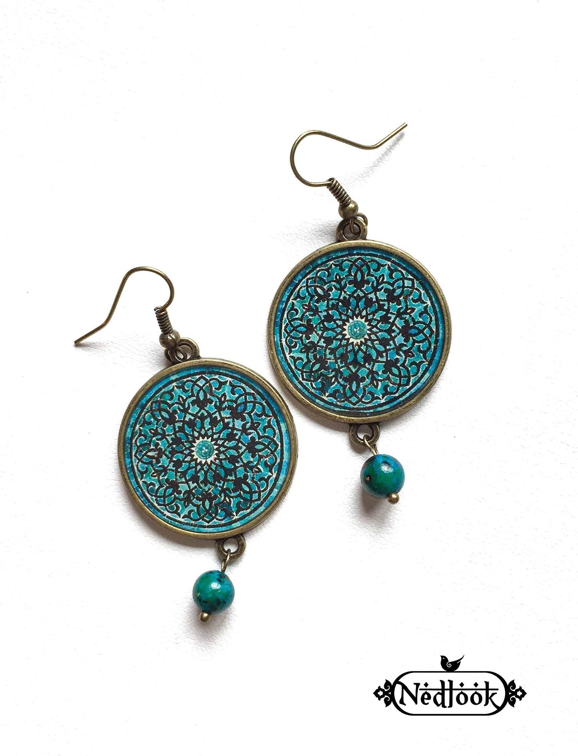 NIRVANA earrings - mandala pattern - Persian tile design Earrings - Persian jewelry- Oriental - turquoise