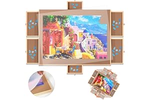 ULTRGEE 1500 Pieces Rotating Wooden Puzzle Board, Portable Jigsaw Puzzle Table with 6 Sorting Drawers and Cover, Lazy Susan P