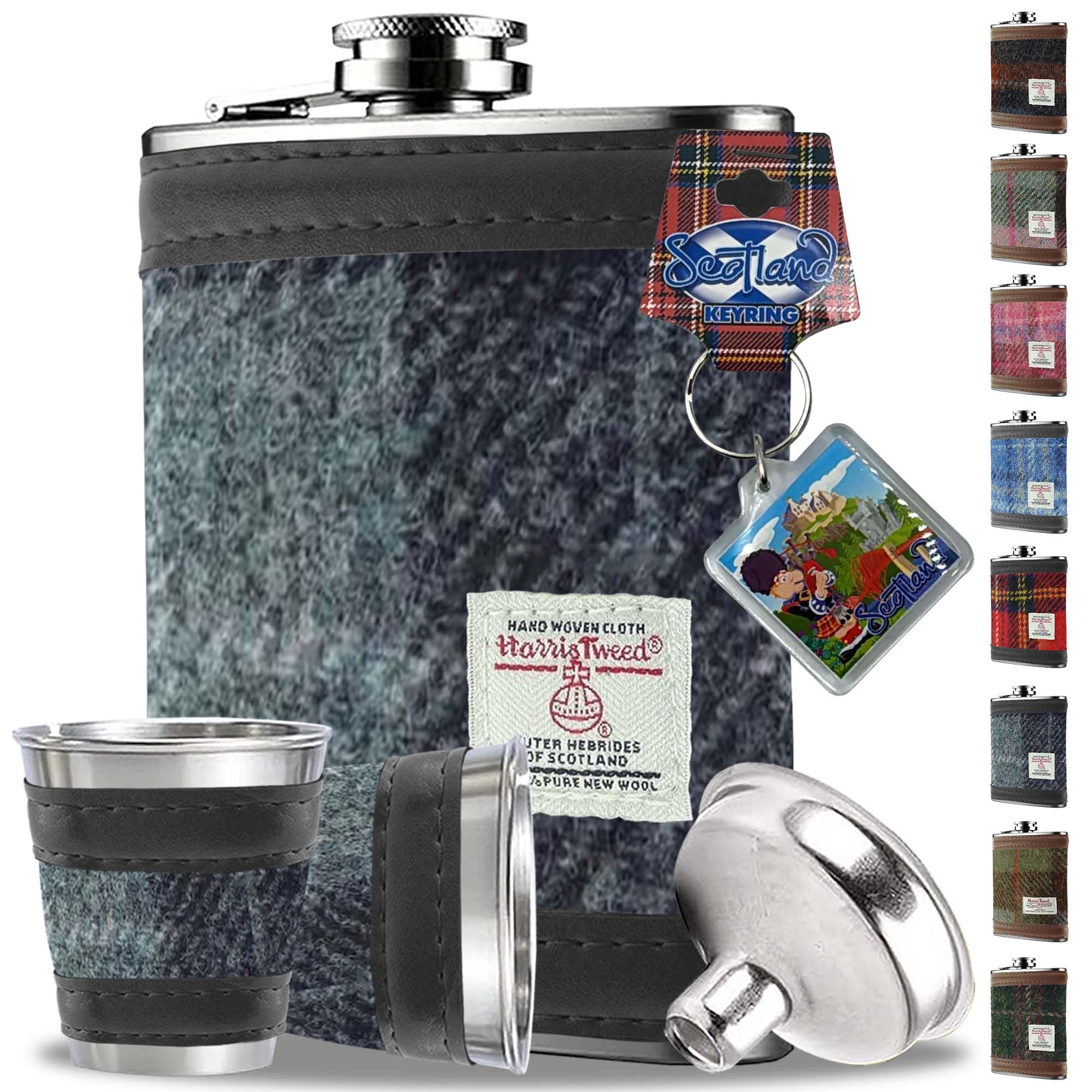 6oz Harris Tweed Hip Flask Winter Gift Set - Shot Glasses, Pour Funnel, Keyring – Stainless Steel Tartan Liquor flasks for Men - Leak Proof lid (Grey Black Tartan)