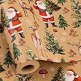 Yarcony Kraft Christmas Wrapping Paper, Santa Claus Wrapping Paper, Vintage Forest Christmas Tree, Santa, Deer & Mushroom The