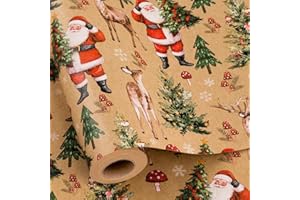 Yarcony Kraft Christmas Wrapping Paper, Santa Claus Wrapping Paper, Vintage Forest Christmas Tree, Santa, Deer & Mushroom Themed Gift Wrap for Winter Holiday Packaging (Mini Roll, 17 Inch X 33 Feet)