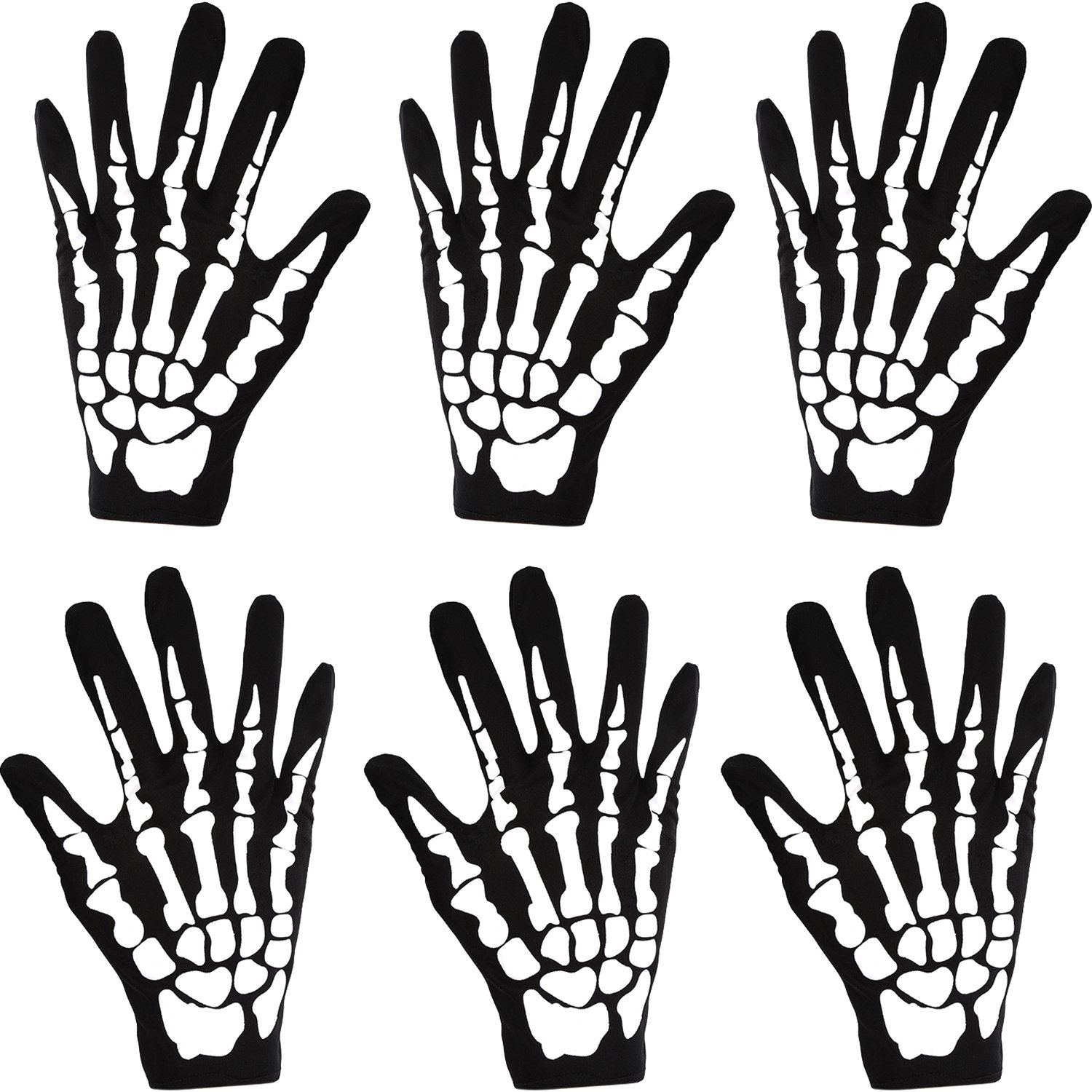 3 Pair Halloween Skeleton Gloves, Unisex Skull Full Finger Gloves, for Costume Cosplay Men Women Kids Accessories (Adult Size, Short Skeleton)