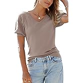 Arach&Cloz Women's 2025 Summer Short Puff Sleeve Shirts V Neck Cute Blouses Dressy Casual Trendy Sweater Tops