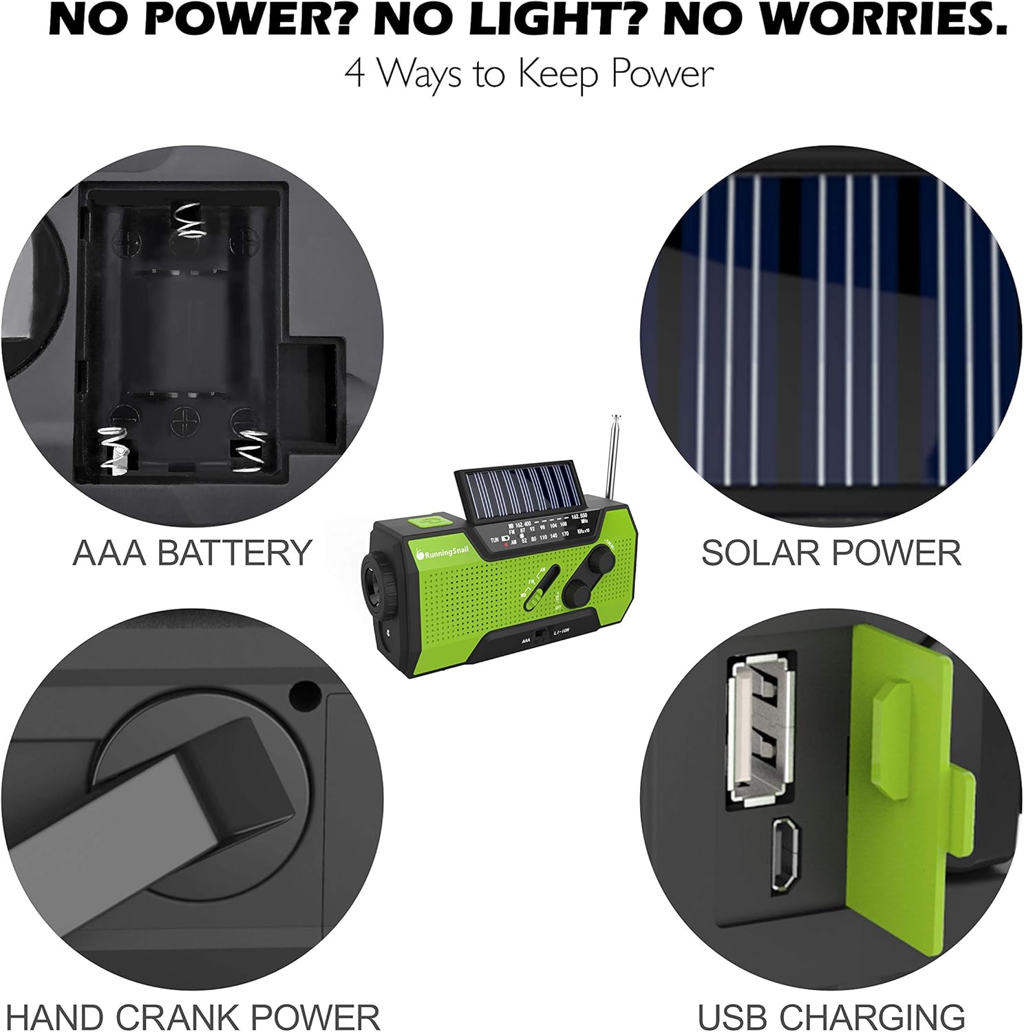 RunningSnail Solar Crank NOAA Weather Radio for Emergency with AM/FM, Flashlight, Reading Lamp and 2000mAh Power Bank (Green): Home Audio & Theater