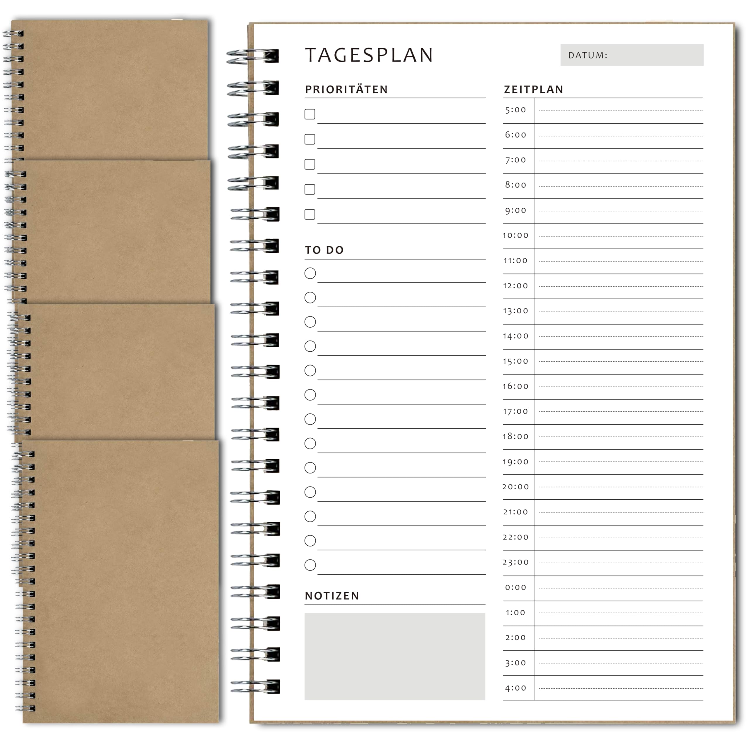 Biroyal Time Management Manual 4 Pieces To Do List Daily Planner Spiral Pad 100 Pages/50 Sheets Notepads Kraft Paper Cover Daily Planning Notebook for School Organiser, Wide Version