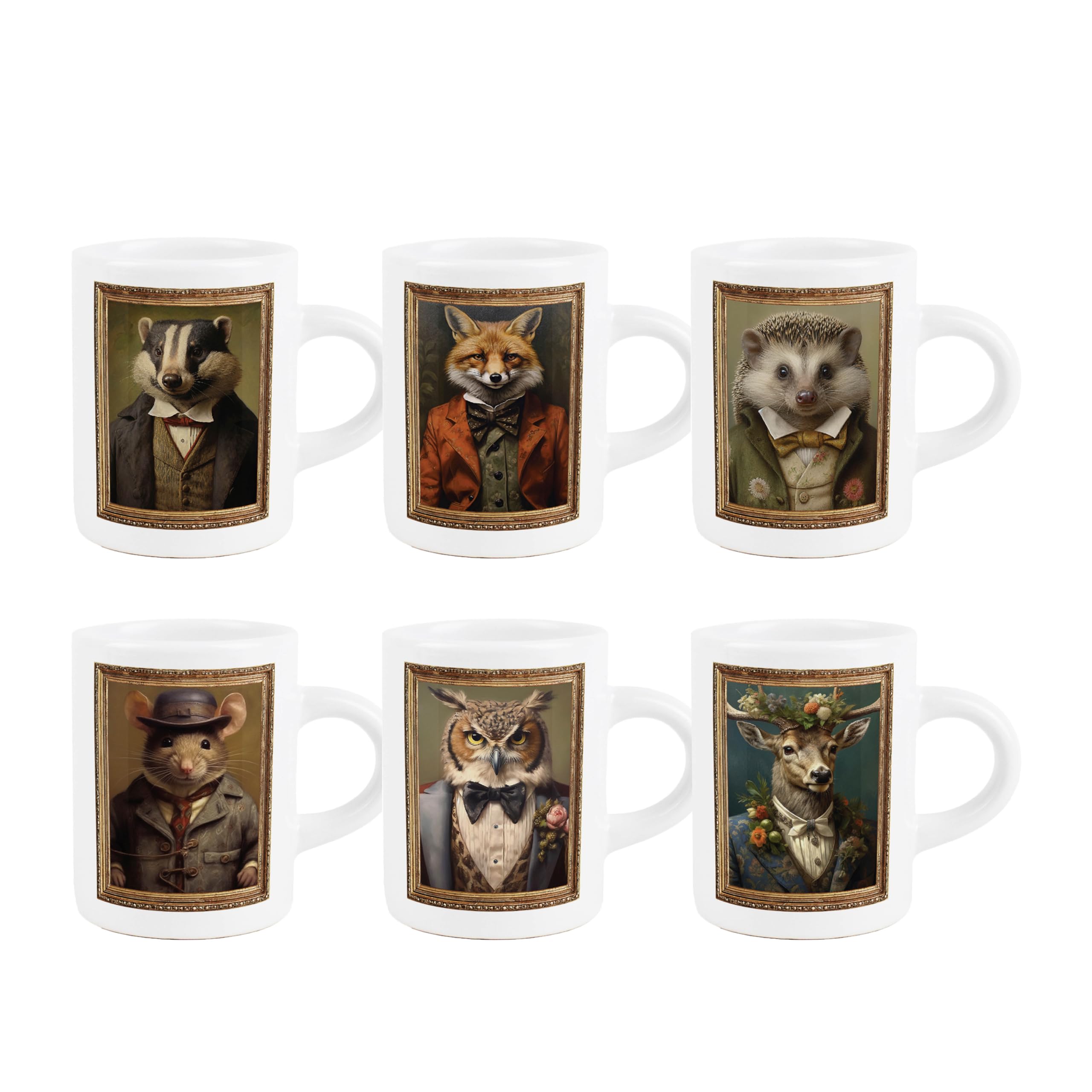 Purely Home Animal Espresso Cups - Edwardian Animals Complete Set Novelty Design - Small Mini White Ceramic Coffee Shot Mug