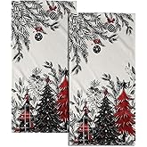 Mweet Christmas Tree Hand Towels Set of 2, 28x14 Inch Rustic Red Black Plaid Xmas Pine Forest Bells Absorbent Quick Drying Washcloths Tea Towel for Kitchen Bathroom Household Supplies