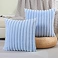 FUTEI Light Blue Striped Decorative Throw Pillow Covers 22x22 Inch Set of 2,Square Spring Decorations Couch Pillow Case,Soft Cozy Faux Rabbit Fur & Velvet Back,Modern Home Decor for Bed