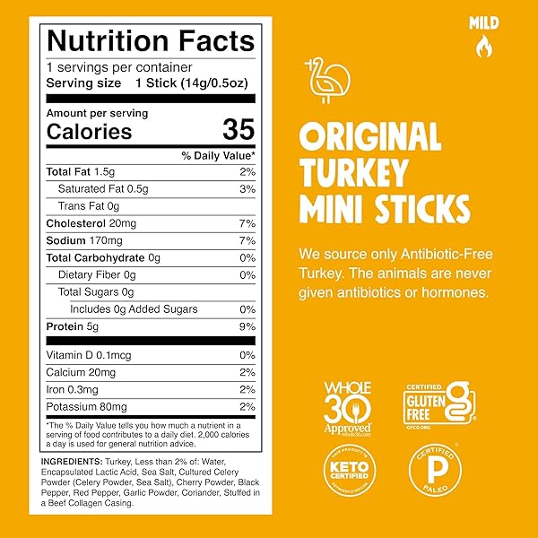 CHOMPS SNACK SIZE ORIGINAL TURKEY JERKY MEAT SNACK STICKS, ABF TURKEY, KETO, PALEO, WHOLE30 APPROVED, LOW CARB, HIGH PROTEIN, GLUTEN FREE, SUGAR FREE, NITRATE FREE, 35 CALORIES 0.5 OZ STICKS, ORIGINAL TURKEY 24 PACK