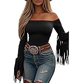 ZEXIGLAD Off The Shoulder Fringe Tops for Women Western Cowgirl Outfits Stretchy Fall Long Sleeve Crop Tassel Shirts Y2K