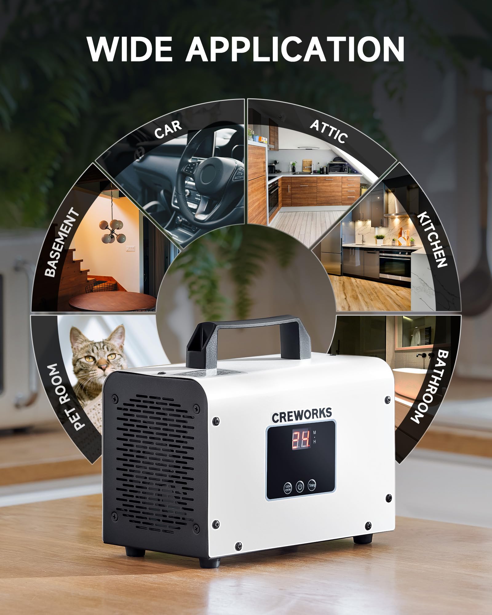 CREWORKS Digital Ozone Generator, 25000 mg/h High Capacity Ozone Machine for Car Home Smoke Pet Odor Removal, Commercial Ozone Odor Eliminator Air Purifier with Adjustable Settings for 3200 sq ft Room