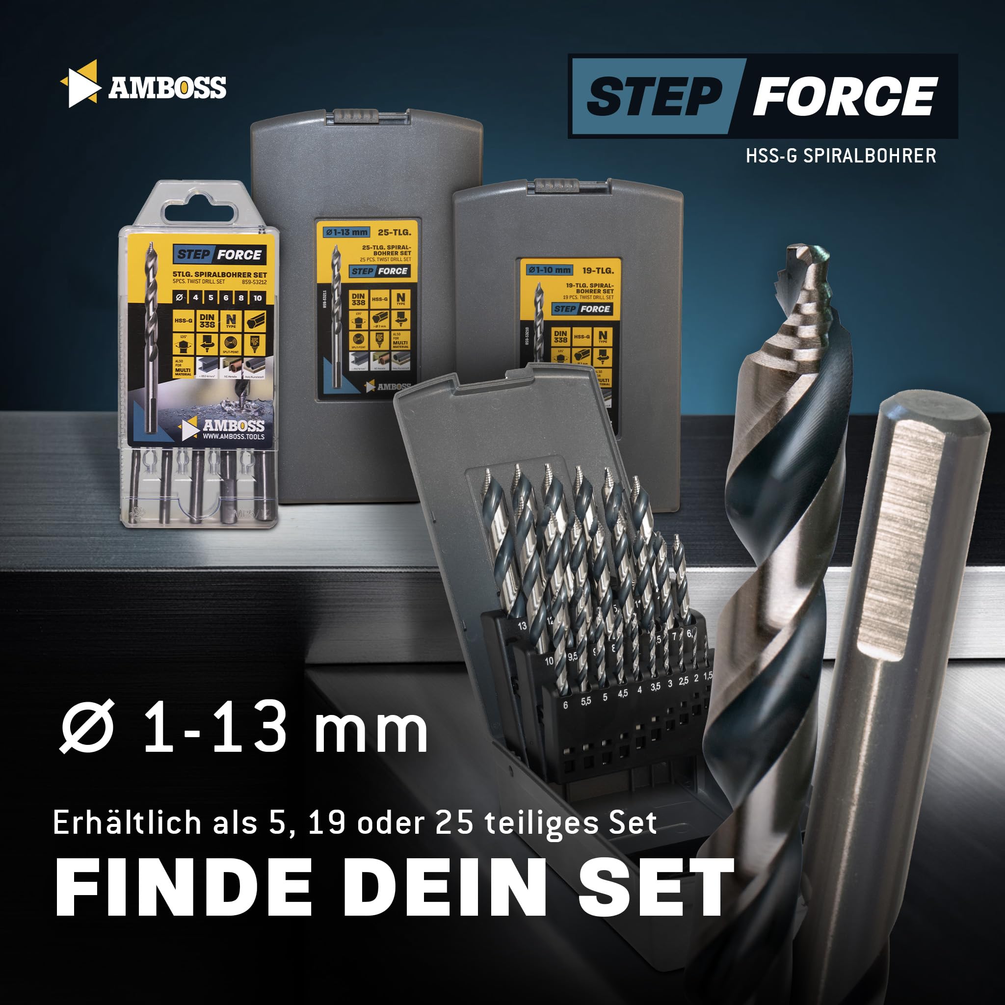 Spiralbohrer Step Force 5tlg. SET Ø4-10 mm - HSS-G DIN 338 für Stahl, Baustahl, Alu, Buntmetalle AMBOSS WERKZEUGE® Bohrer Bleche, Profile - Sechskant f. Bohrmaschine, Akkubohrer, Standbohrmaschine 7