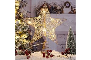 DDCAFOR Christmas Star Tree Topper - Xmas Tree Topper Light with 10 LED Warm Lights - Rustic Farmhouse Metal Christmas Tree Ornament - Xmas Tree Topper Golden - Christmas Tree Decoration Gifts