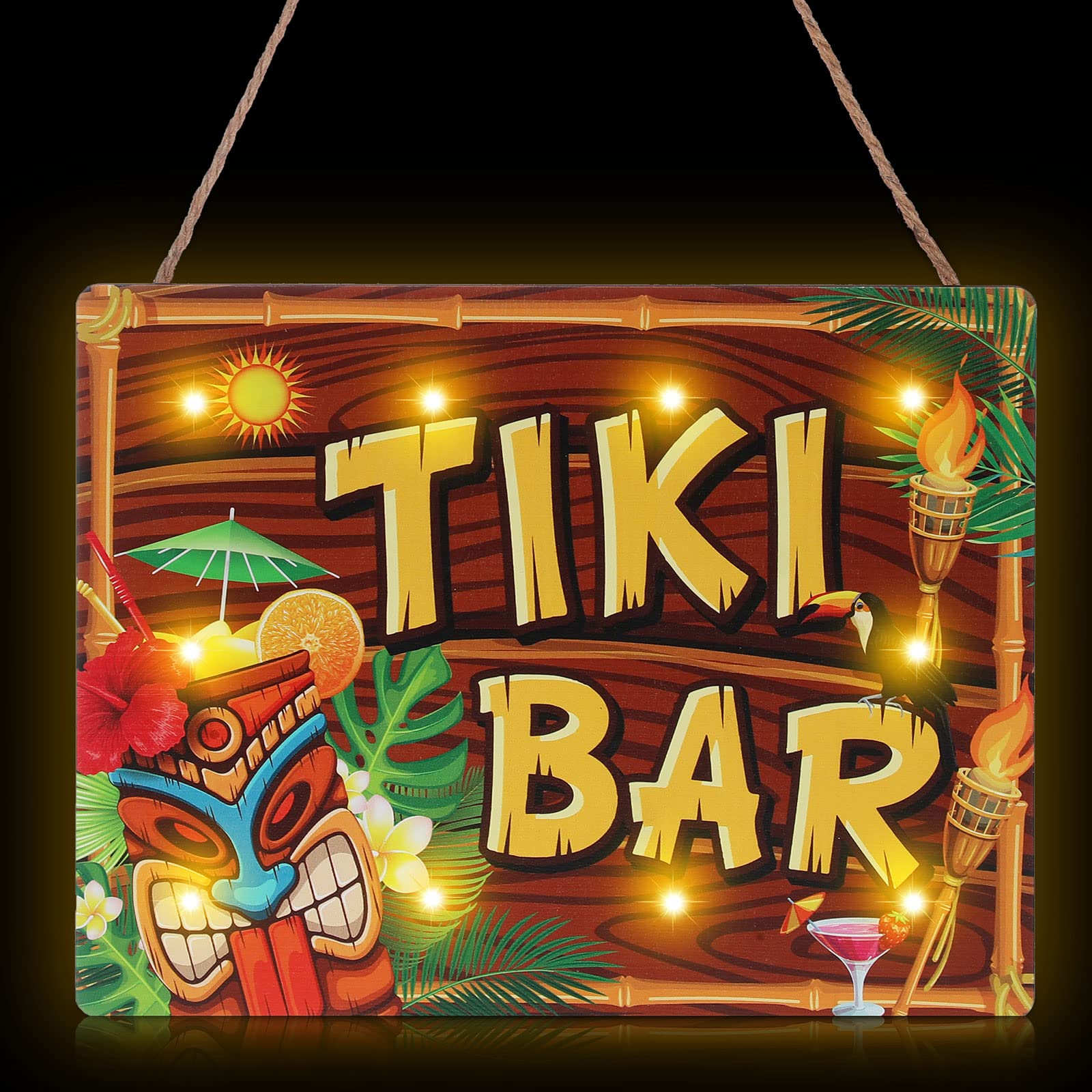 Photo 1 of Tiki Bar Sign Hawaiian Luau Party Decoration Supplies - Wooden LED Light Plaque for Aloha Hawaii Tropical Birthday - Totem Hut Hanging Sign for Home Bar Kitchen
