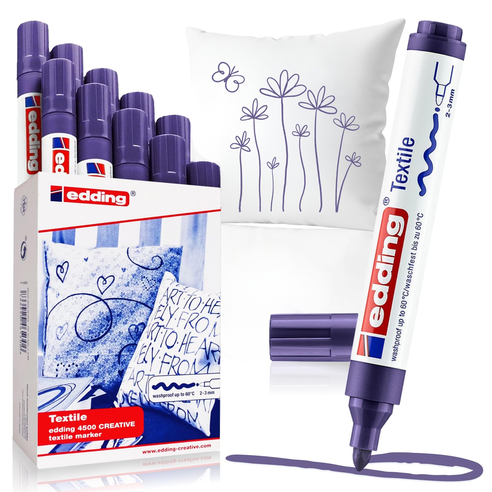 edding 4500 textile marker - violet - box of 10 - round nib 2-3 mm - permanent fabric markers for drawing on textiles, wash-resistant up to 60 °C - marker pens for fabric lettering