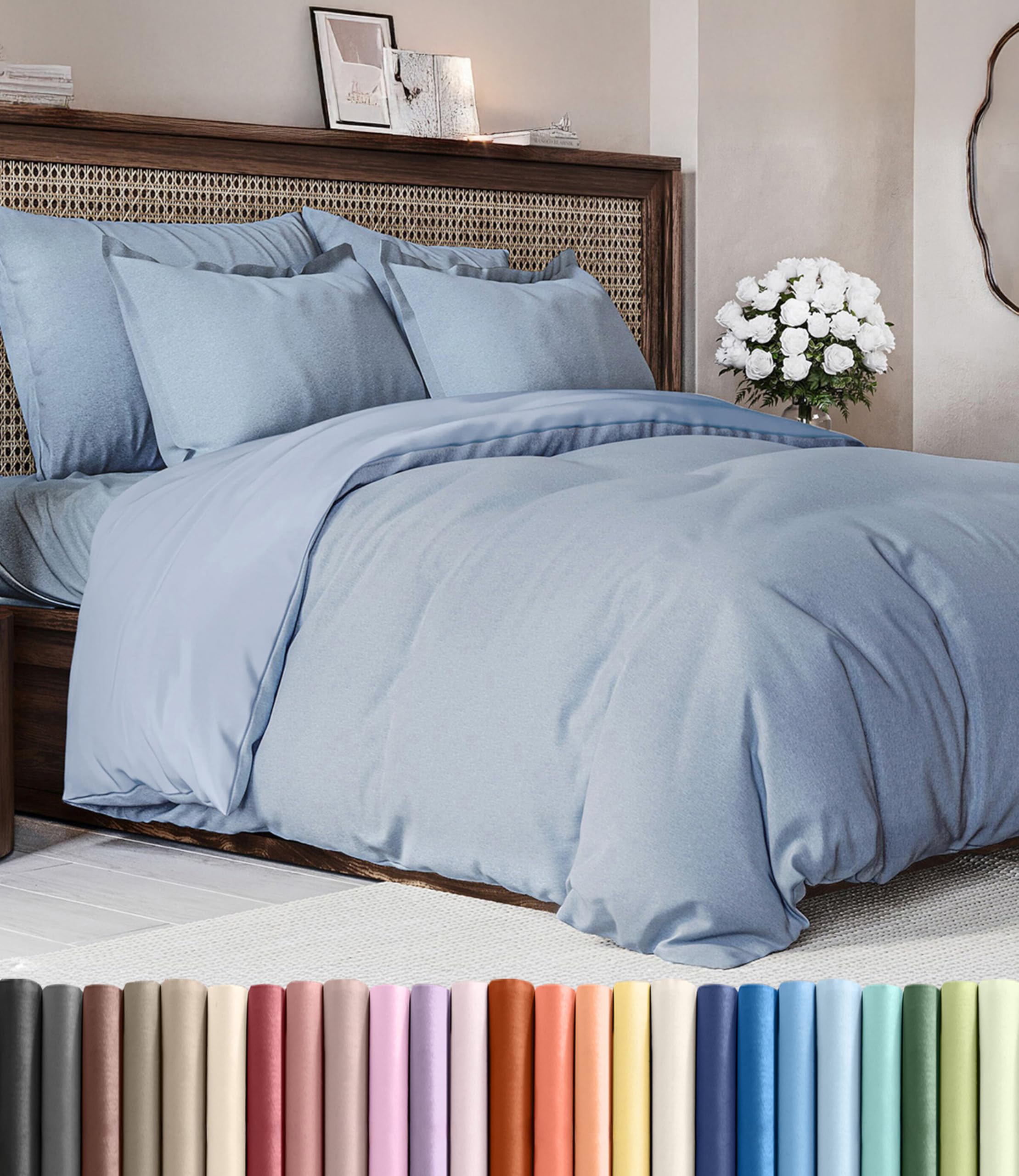 Duvet Cover Full Size - 3 Piece Set with Zipper Closure - Heathered Blue