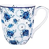 PMNING 14oz Bone China Floral Mug – Floral Coffee Mug for Women Men, Bone China Coffee Tea Mug with Comfort Handle, Elegant Flower Coffee Mug Christmas Birthday Gifts for Dad Mom Friend
