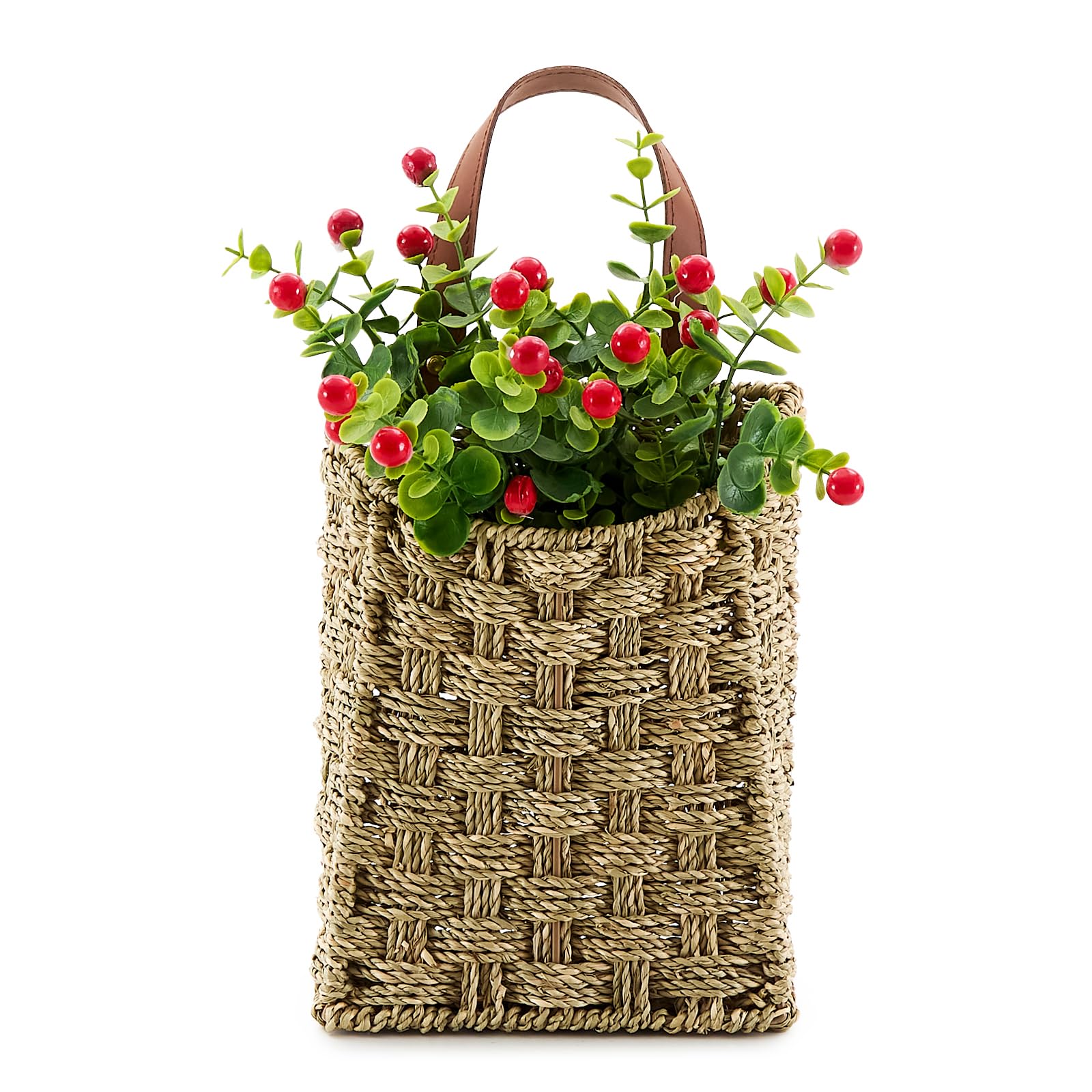 Photo 1 of LGENHOOM Wall Hanging Pocket Basket Portable Seagrass Storage Basket Decorative Boho Mounted Organizer Dried Flower Plants Front Door Basket for Garden Farmhouse Home