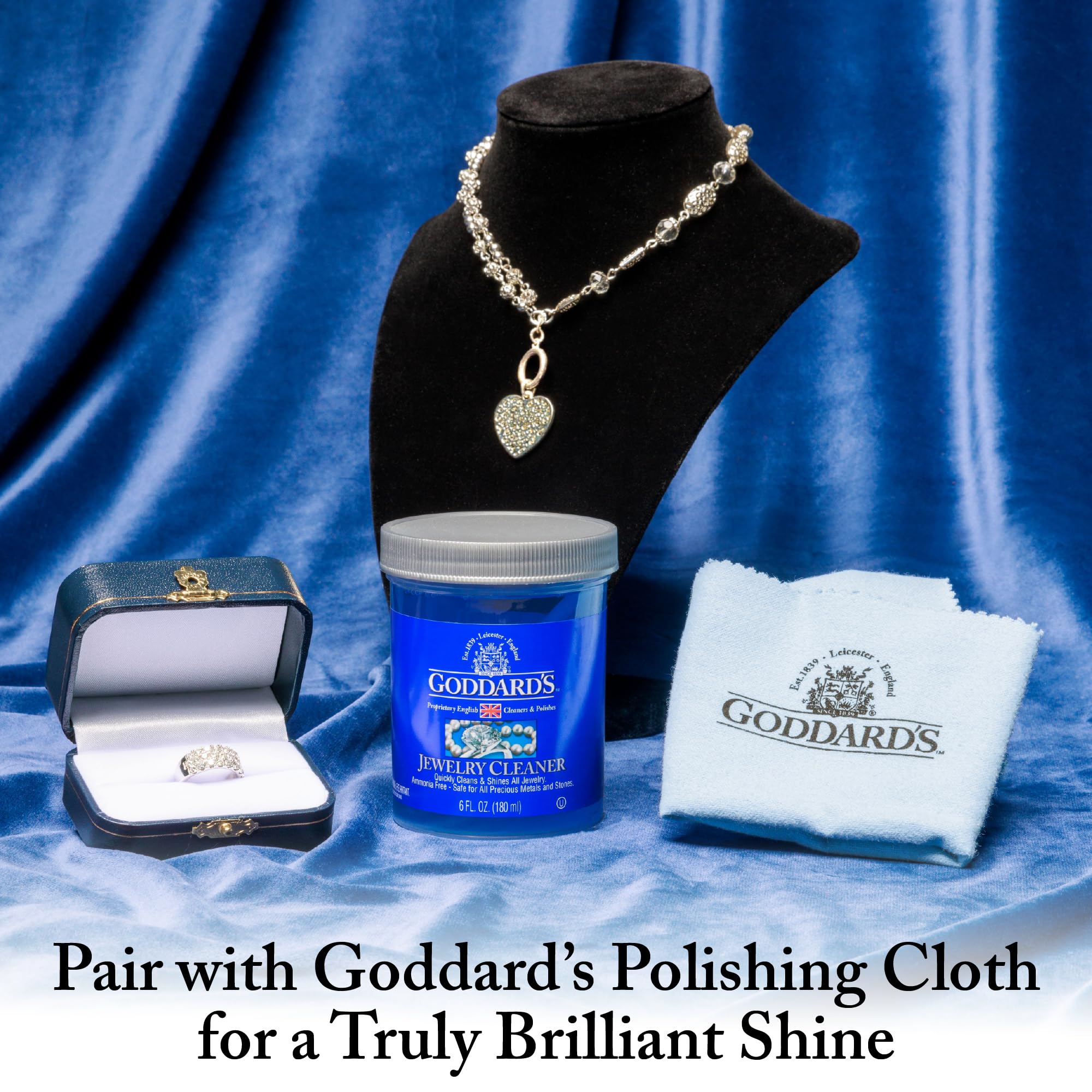 Goddard's Jewelry Cleaner, Tarnish Remover, Cleaning Solution for Silver, Gold, Diamond, Pearl & Gemstone Jewelry, Ammonia Free, Costume and Fine Jewelry Cleaner with Cleaning Brush & Dip Basket, 6 oz