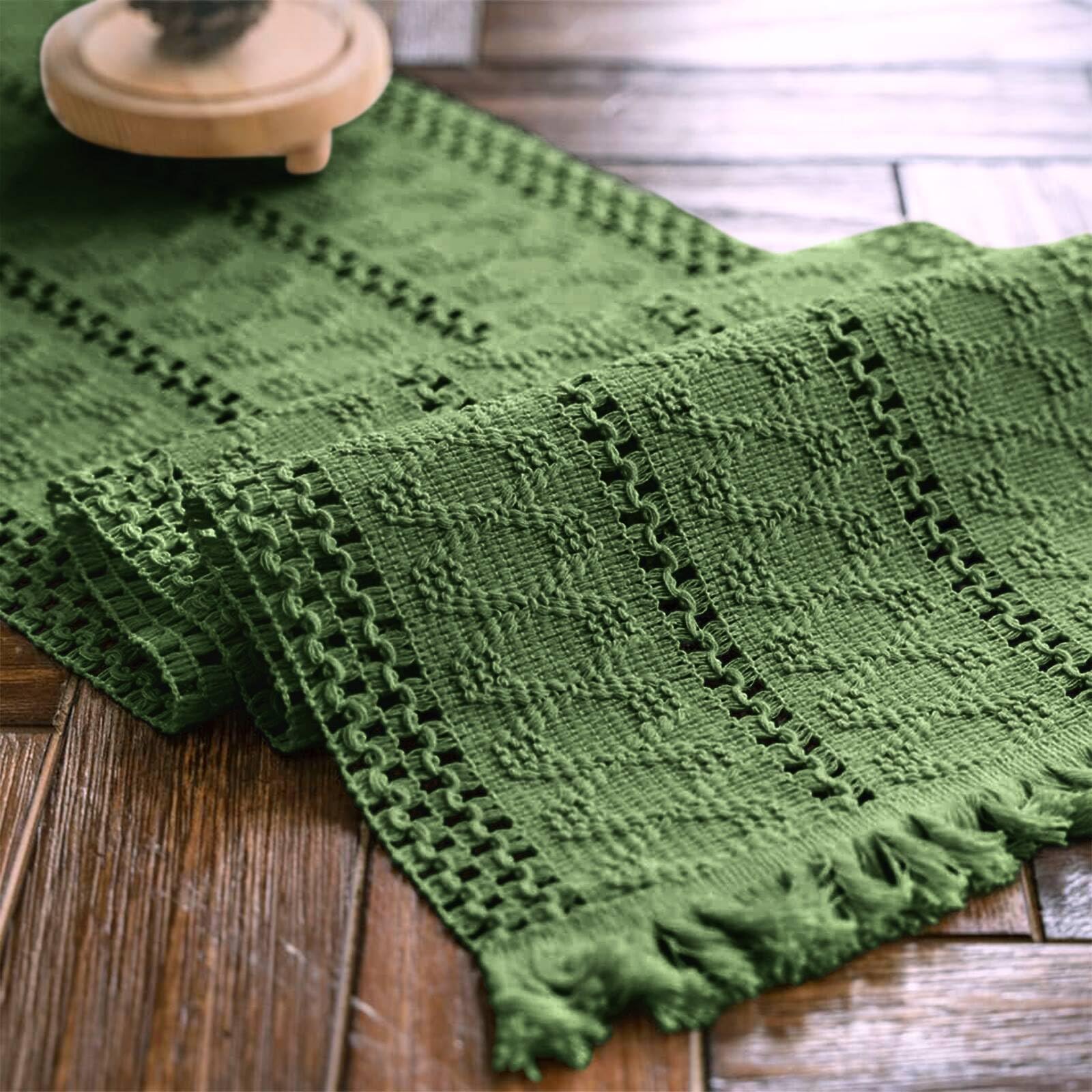 Weldomcor Christmas Table Runner Boho Olive Green Table Runner with Tassels Hand Woven Cotton Table Cover Macrame Rustic Farmhouse Table Decoration for Bohemian Kitchen Living Dining Table 30 x 120 cm — image 1