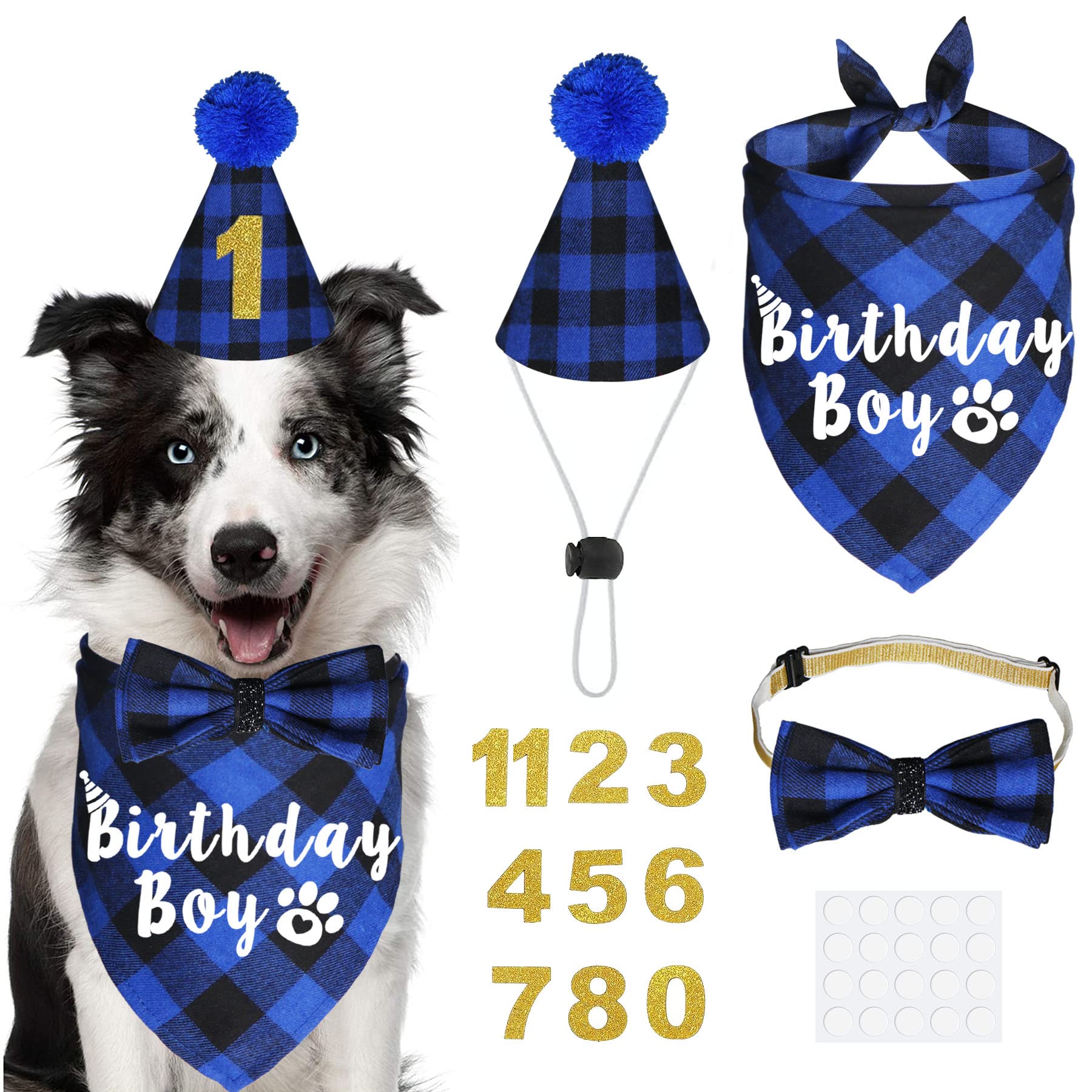 JOTFA Plaid Dog Party Supplies. Birthday Boy Bandanas, Hat, Bow Tie, Number for Small, Medium, Large Dogs