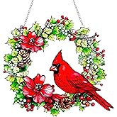Cardinal Stained Glass Window Hanging, Renyalora 10 inch Red Bird Christmas Wreath Stained Glass Suncatcher with Floral & Pinecone Holiday Window Decor Gift for Bird Lovers Home & Garden Decoration