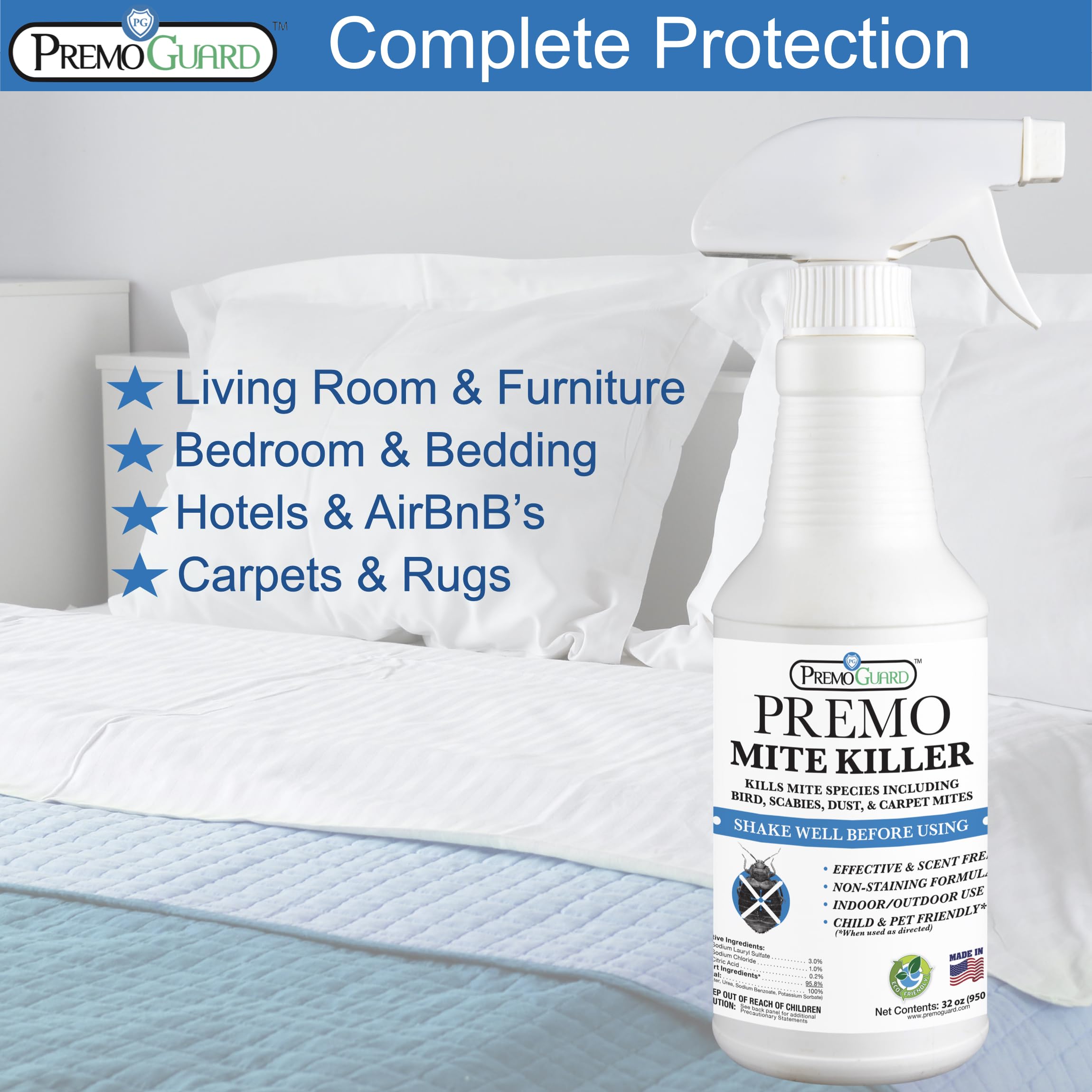 Premo Guard Mite Treatment Spray – 32 oz – Kills Dust, Scabies, Spider, Carpet, Bird, Mouse & Rat Mites in Home, on Furniture, Bedding – Natural Non-Toxic 100% Effective – Child & Pet Safe